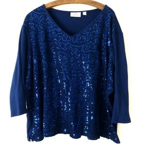 Quacker Factory Top Size 3X Cotton Royal Blue Vneck Sequin Front Mature Glam